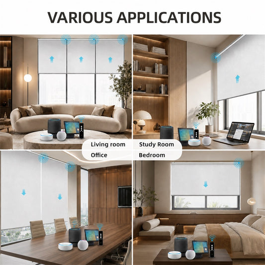 Collage of a smart window control system in various rooms including living room, study room, and bedroom.