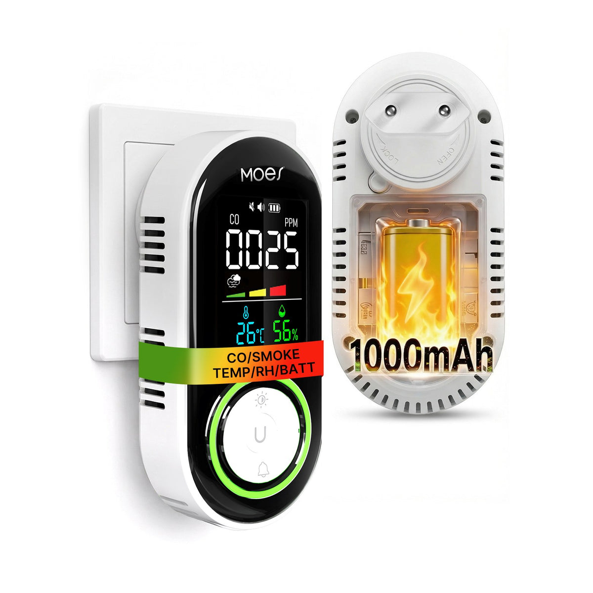 2nd Gen 4-in-1 EU Plug Smoke & CO Alarm with Rechargeable Battery, Color LCD Temperature & Humidity Monitor (Non-Smart)