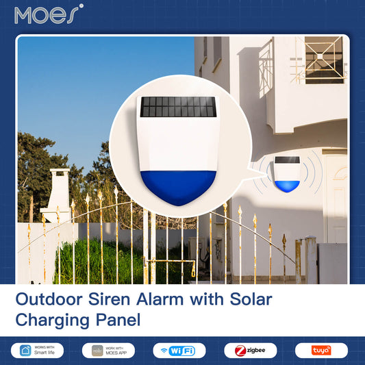 Tuya Smart Wifi/Zigbee Sound Light Siren Alarm Solar Energy Outdoor IPX5 Waterproof Tamper Alarm With Rechargeable Battery - MOES