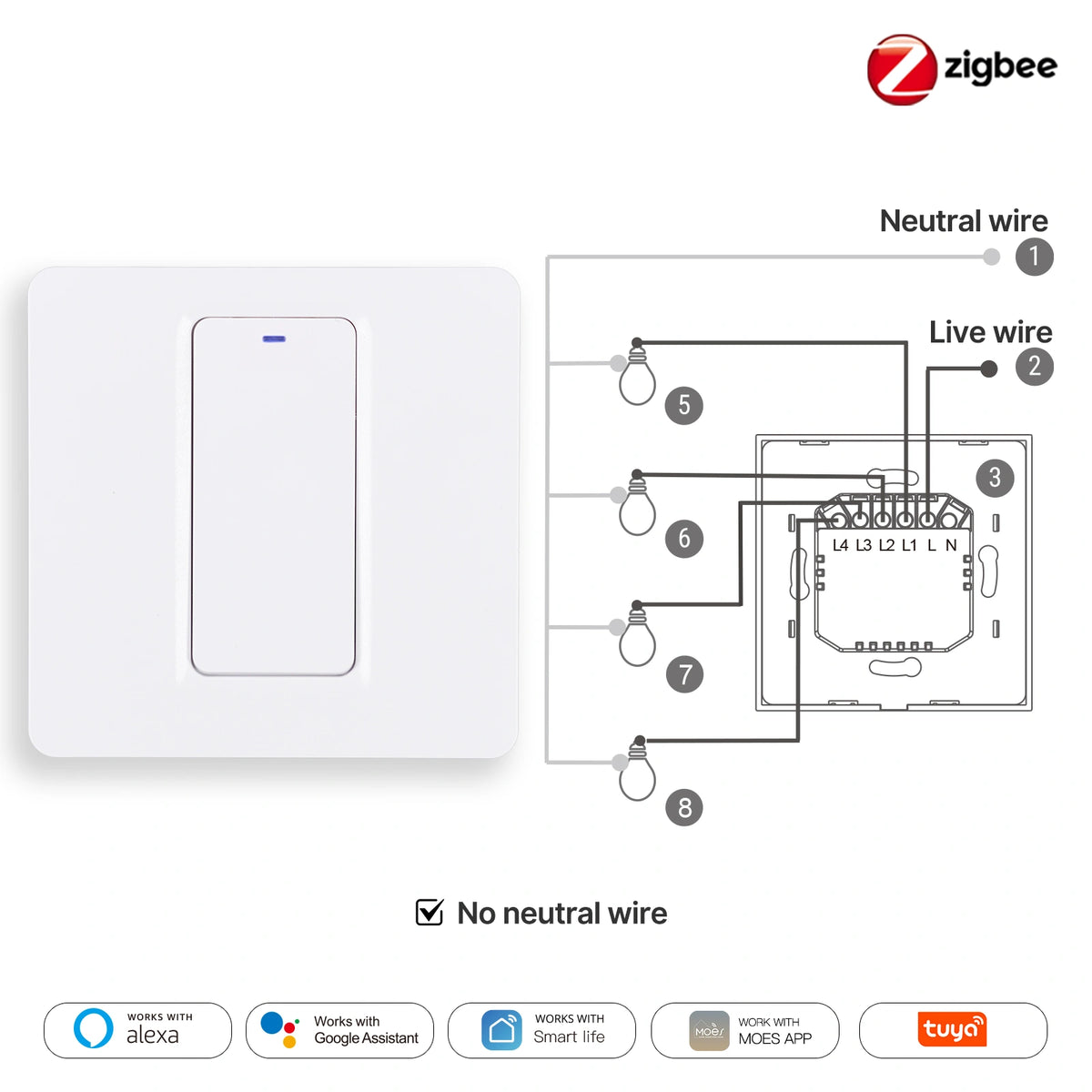 MOES ZigBee Smart Light Switch, Neutral & No-Neutral Wire Alexa & Google Home Compatible EU  Version