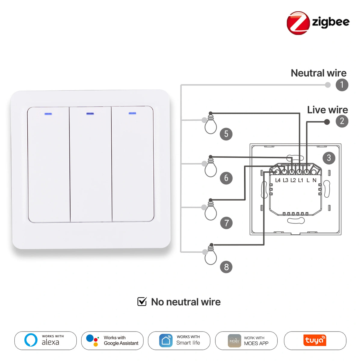 MOES ZigBee Smart Light Switch, Neutral & No-Neutral Wire Alexa & Google Home Compatible EU  Version