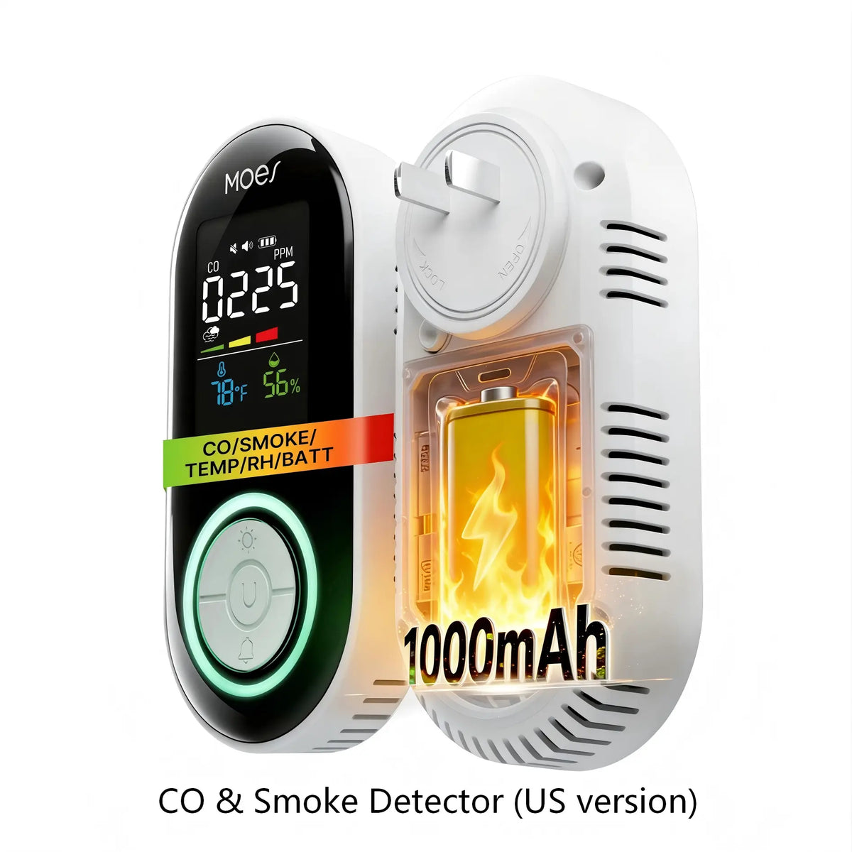 2nd Gen 4-in-1 Plug-in Smoke & Carbon Monoxide Detector with Battery Backup, Temp Humidity LCD Display US Plug(Non-Smart)