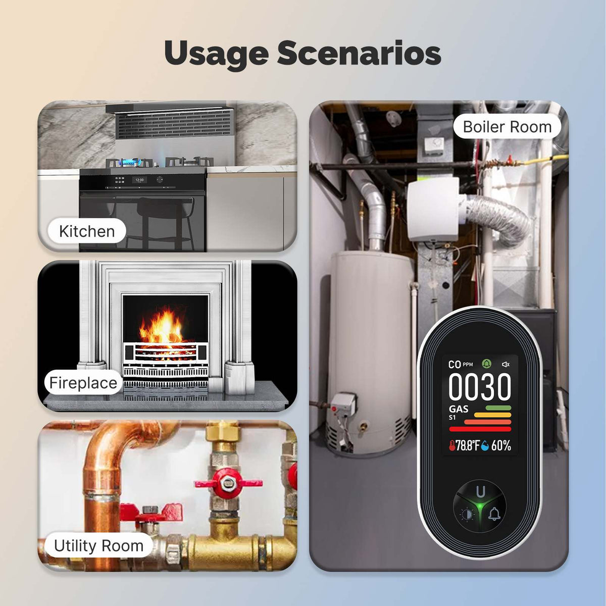 Carbon Monoxide & Natural Gas Detector Plug in, 4 in 1 Temperature Humidity Sensor Built-in Alarm Sound Warning(Non-Smart)