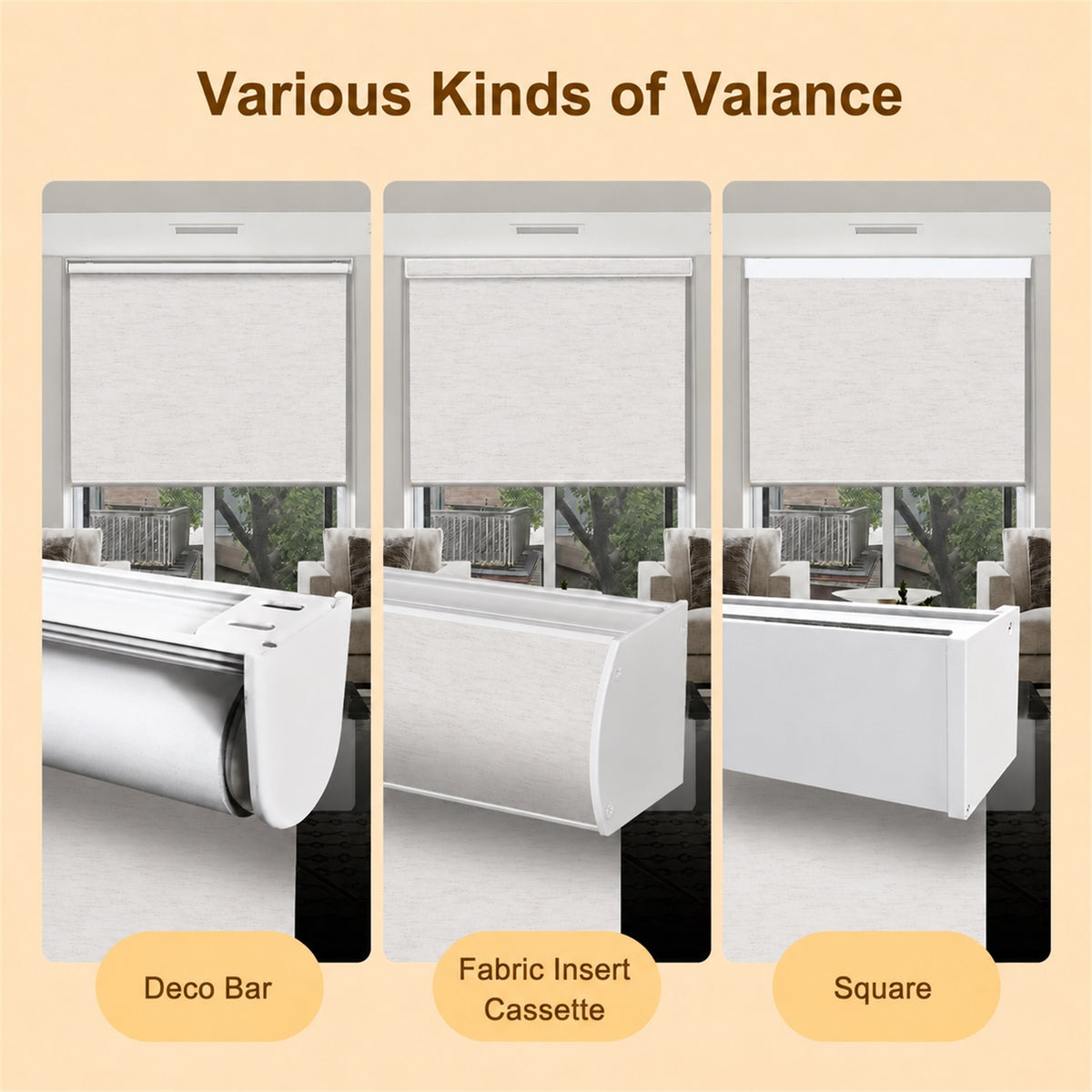 A product comparison graphic showing three types of window valance: Deco Bar, Fabric Insert Cassette, and Square. Each panel displays a white roller blind mounted in a window frame above a window view, with labels at the bottom on a beige background.