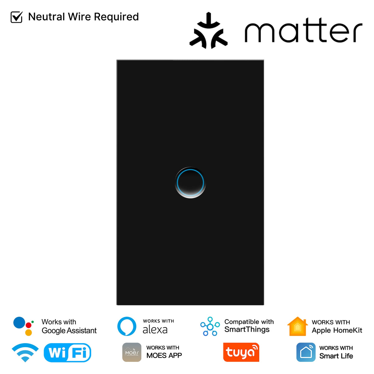 Interruptor de luz inteligente Matter WiFi con panel de vidrio cóncavo. Requiere cable neutro. Versión para EE. UU.