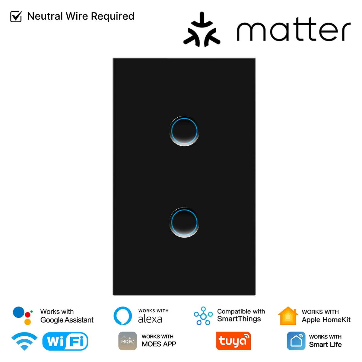 Interruptor de luz inteligente Matter WiFi con panel de vidrio cóncavo. Requiere cable neutro. Versión para EE. UU.