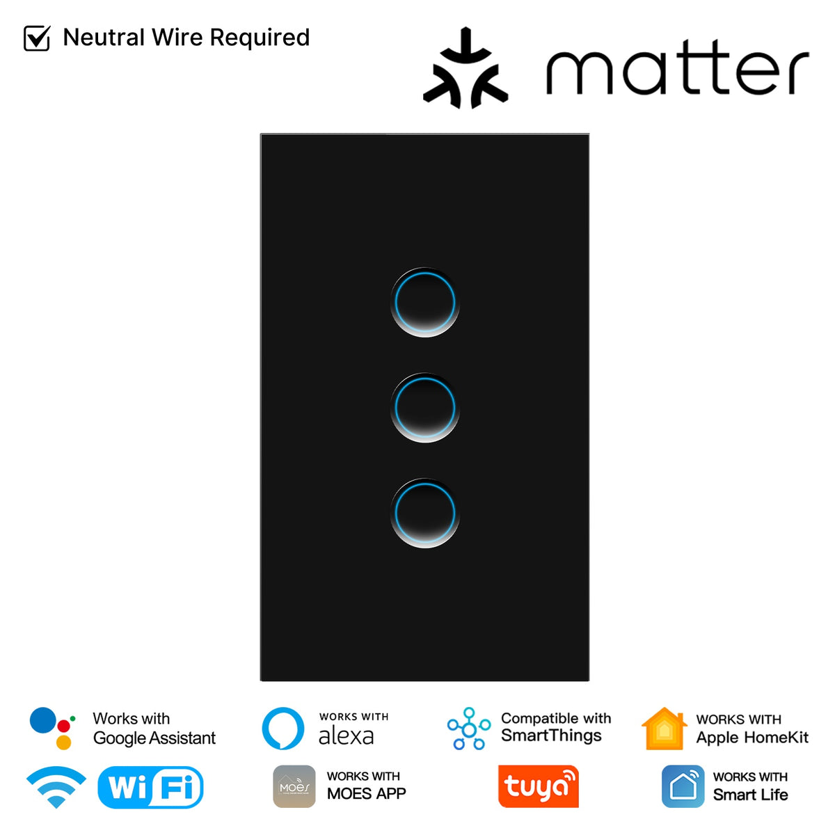 Interruptor de luz inteligente Matter WiFi con panel de vidrio cóncavo. Requiere cable neutro. Versión para EE. UU.