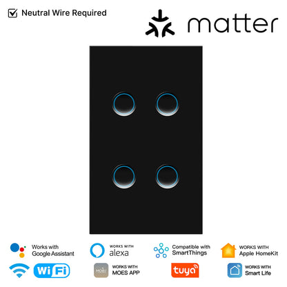 Interruptor de luz inteligente Matter WiFi con panel de vidrio cóncavo. Requiere cable neutro. Versión para EE. UU.