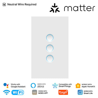 Interruptor de luz inteligente Matter WiFi con panel de vidrio cóncavo. Requiere cable neutro. Versión para EE. UU.