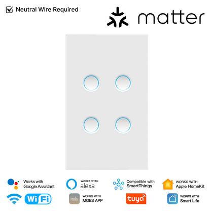 Interruptor de luz inteligente Matter WiFi con panel de vidrio cóncavo. Requiere cable neutro. Versión para EE. UU.