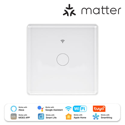 Tuya Matter WiFi Smart Light Switch 2.5D Glass Panel Neutral Wire Required EU Version