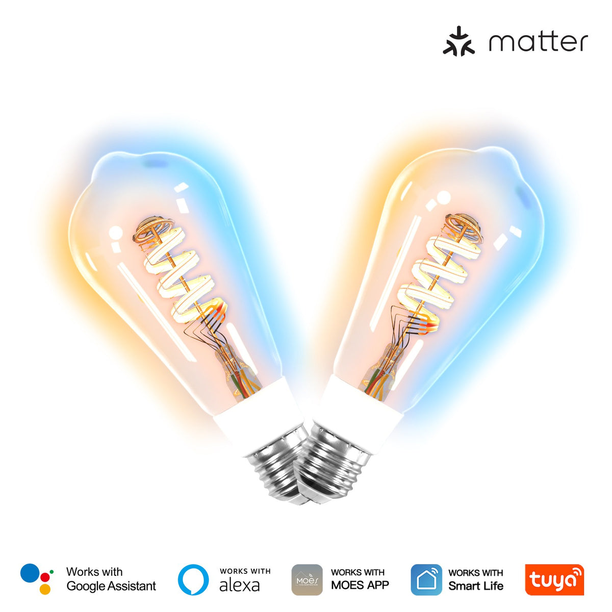 Matter WiFi E27 Smart Edison LED Light Bulbs 16 Million RGB Color Changing 2700K-6500K Dimmable