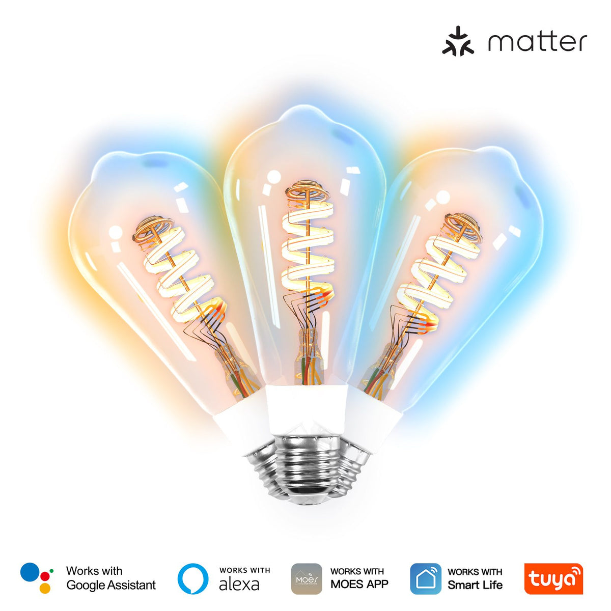 Matter WiFi E27 Smart Edison LED Light Bulbs 16 Million RGB Color Changing 2700K-6500K Dimmable