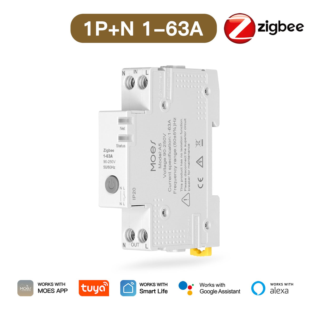 MOES Tuya ZigBee Smart Circuit Breaker 63A Electricity Monitor V0 Fireproof Remote APP Control with Alexa