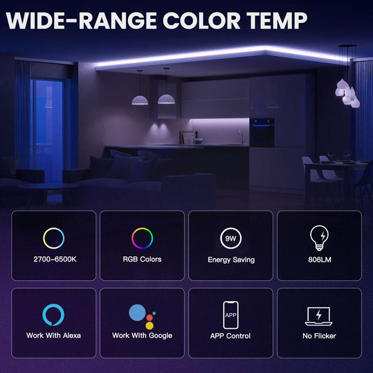 Smart Ble Led Bulb Dimmable Light 9W E27 Bulbs Color Adjustable Works With Alexa