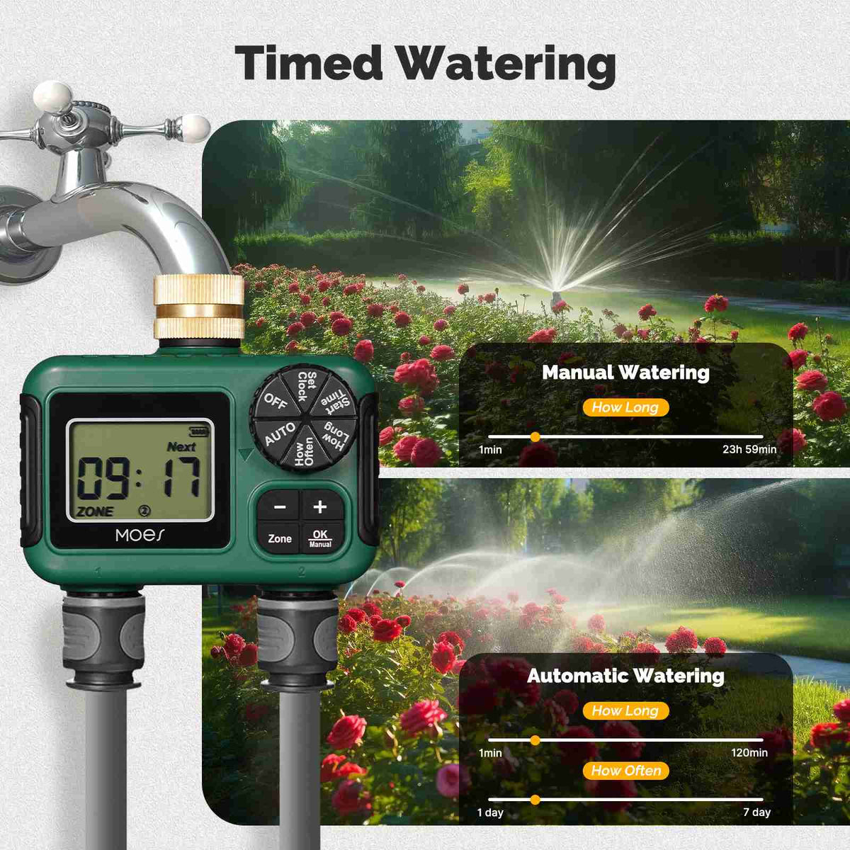 Water Timer For Garden Hose Drip Irrigation 2-Outlet Brass Inlet IPX5 Waterproof US Version