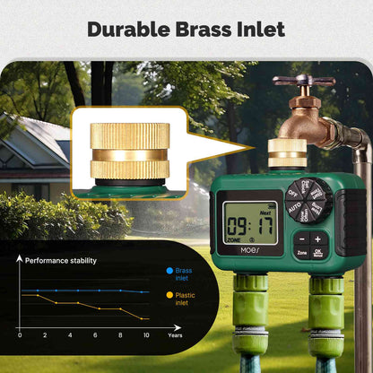 Water Timer For Garden Hose Drip Irrigation 2-Outlet Brass Inlet IPX5 Waterproof US Version