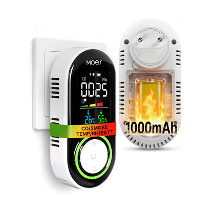 2nd Gen 4-in-1 EU Plug Smoke & CO Alarm with Rechargeable Battery, Color LCD Temperature & Humidity Monitor (Non-Smart)