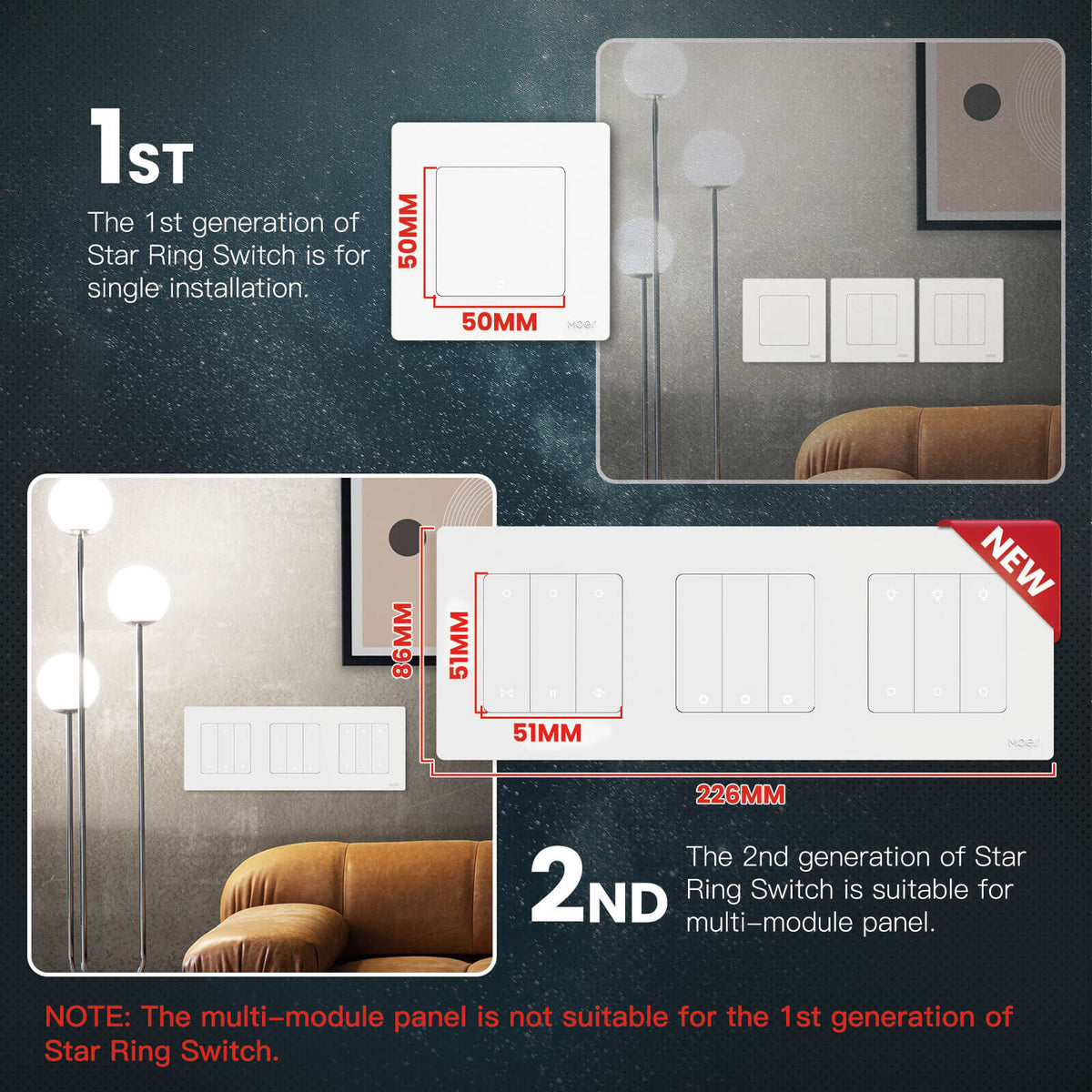 NOTE: The multi-module panel is nat suitable for the 1 st generation of Star Ring Switch. - MOES