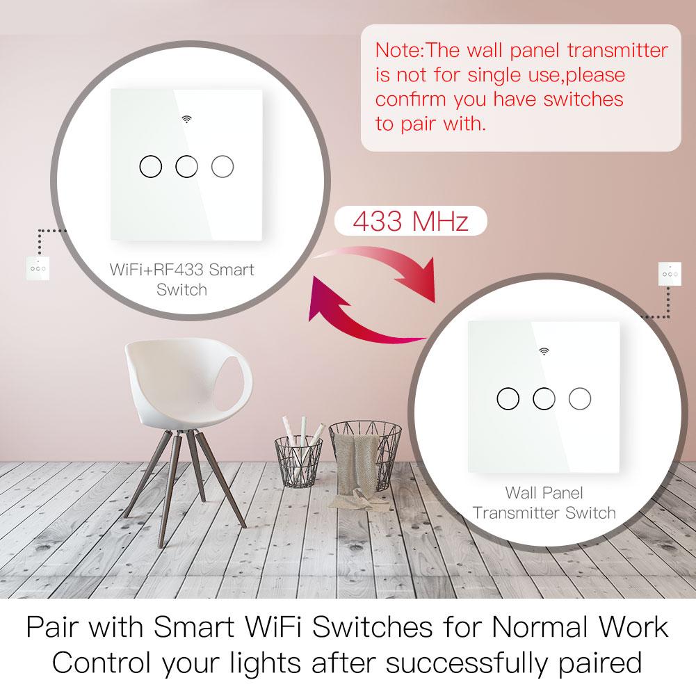 RF433 MHz Wireless Wall Glass Panel Transmitter Switch 1/2/3 Gang - Moes