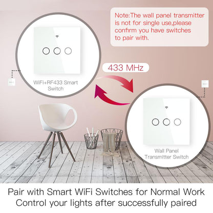 RF433 MHz Wireless Wall Glass Panel Transmitter Switch 1/2/3 Gang - Moes