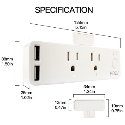 Wi-Fi Tuya Smart US Outlet Extender Multi Plug Socket Outlet Shelf with 2 Electrical Outlet Splitter Wall Plug Expander and 2 USB for Home Dorm with Relay Status and Light Mode Adjustable Smart Life APP Control Works with Alexa Google - Moes