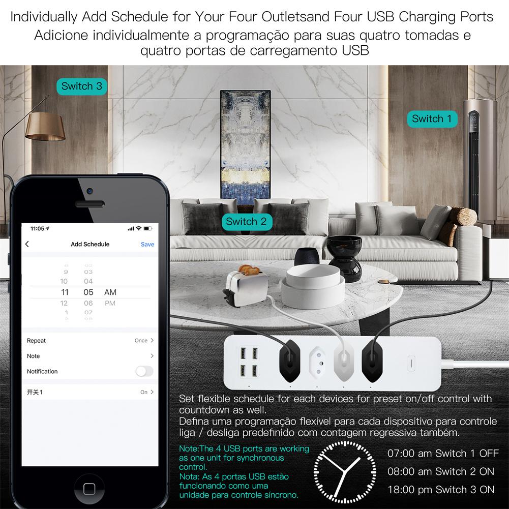 WiFi Brazil Smart Power Strip Surge Protector 4 Brazil Plug Outlets Electric Socket with 4 USB Type C Tuya Smart App Voice Remote Control by Alexa Google Home - Moes