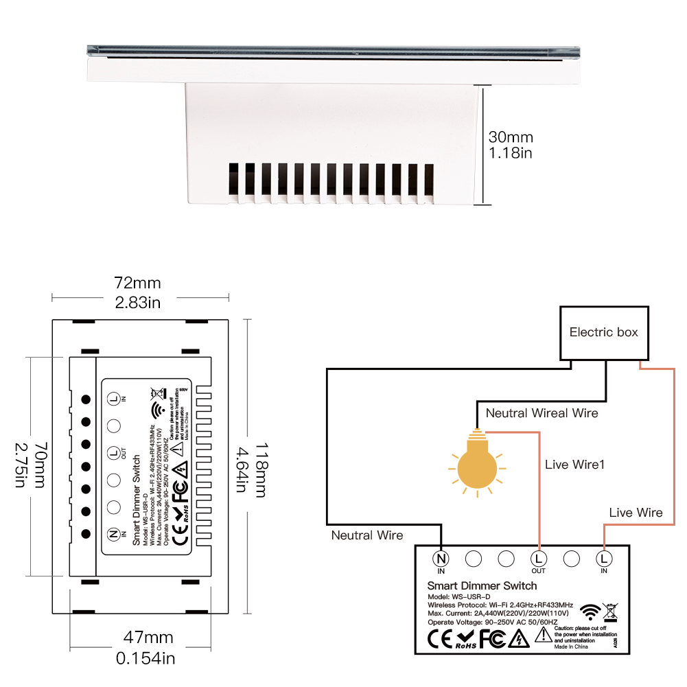 WiFi Dimmer Switch RF433 Smart Glass Touch Switches With Led For Light - MOES