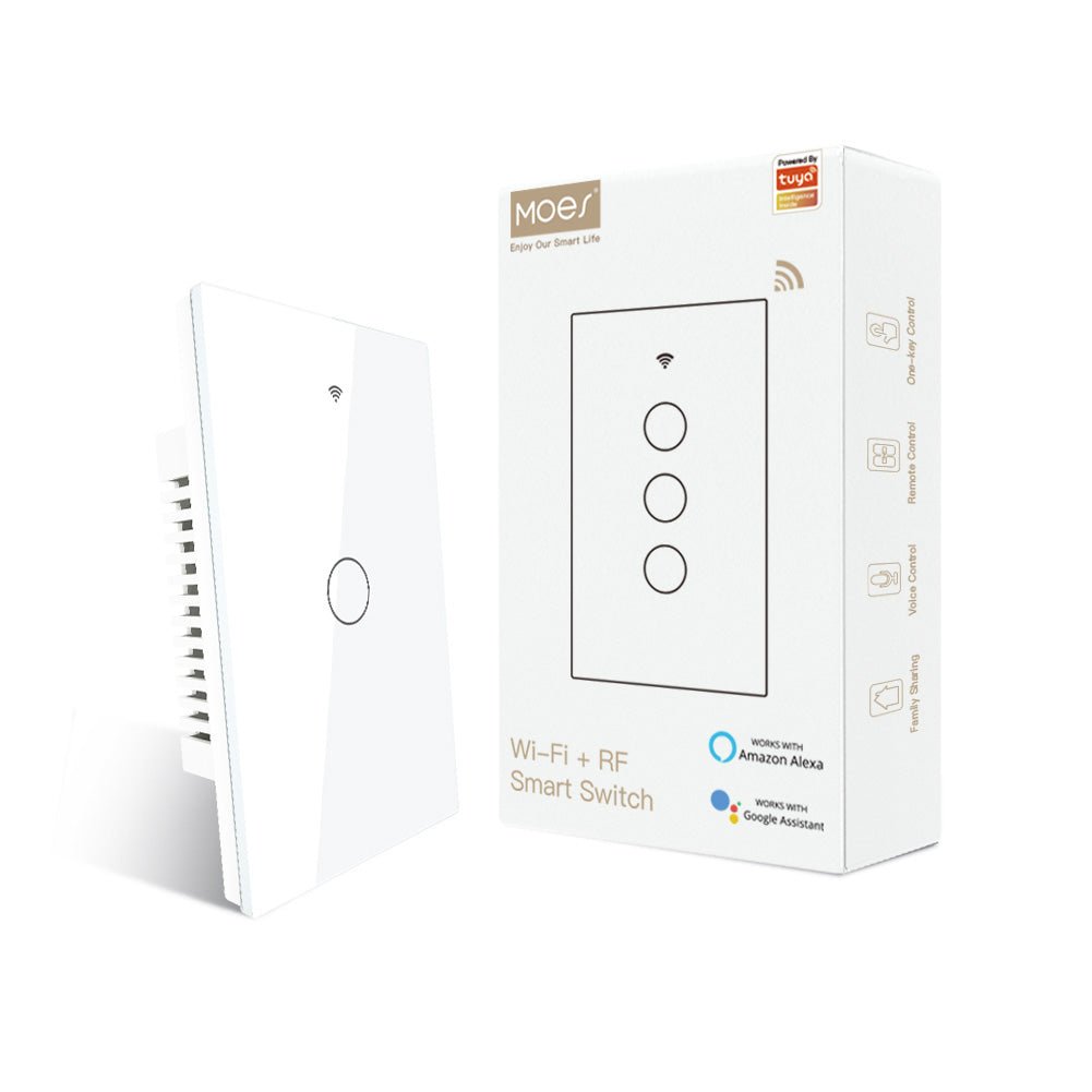 WiFi RF433 Smart Glass Panel Light Touch Switch 3 Way Multi-Control Neutral Wire Required US Standard - MOES