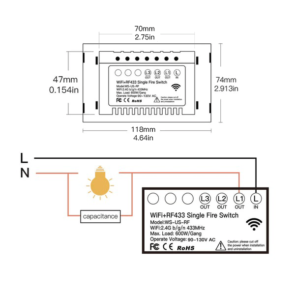 WiFi RF433 Smart Light Wall Touch Switch Single Pole No Neutral 95-130V US Standard - MOES