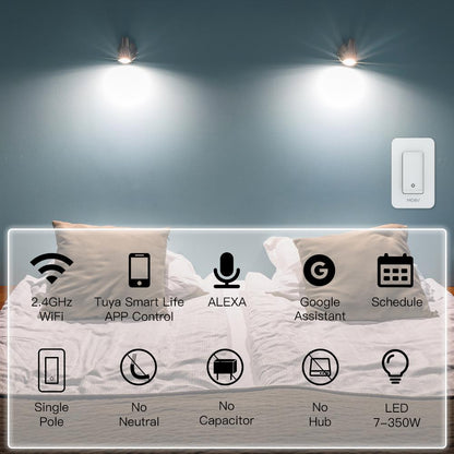 WiFi Smart Light Switch No Neutral Wire,No Capacitor,No hub Required Single Live Wire Push Button,Tuya Smart Life App Remote Control Work with Alexa and Google Home Assistant,Minimum 7W,White - Moes