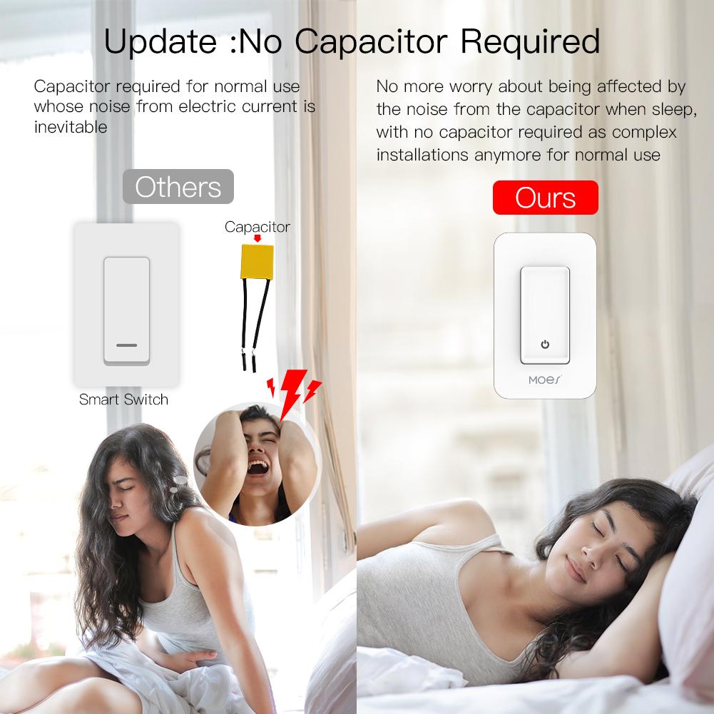 WiFi Smart Light Switch No Neutral Wire,No Capacitor,No hub Required Single Live Wire Push Button,Tuya Smart Life App Remote Control Work with Alexa and Google Home Assistant,Minimum 7W,White - Moes
