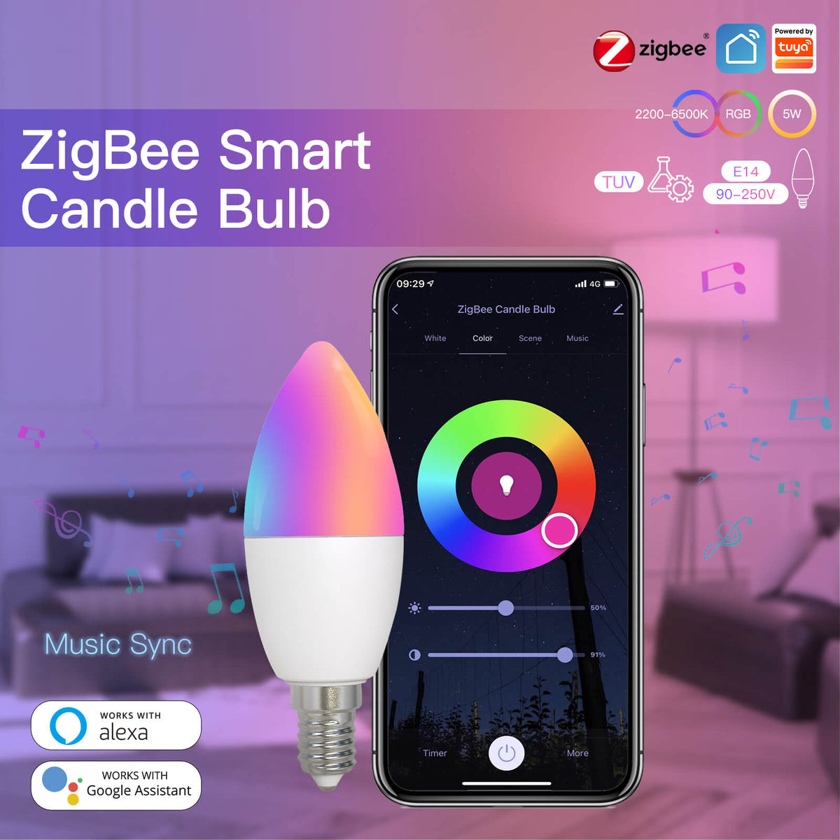 ZigBee Smart E14 Candle LED Light Candle Bulb 5W RGBCCT 2200-6500K Alexa Google Voice Control - MOES