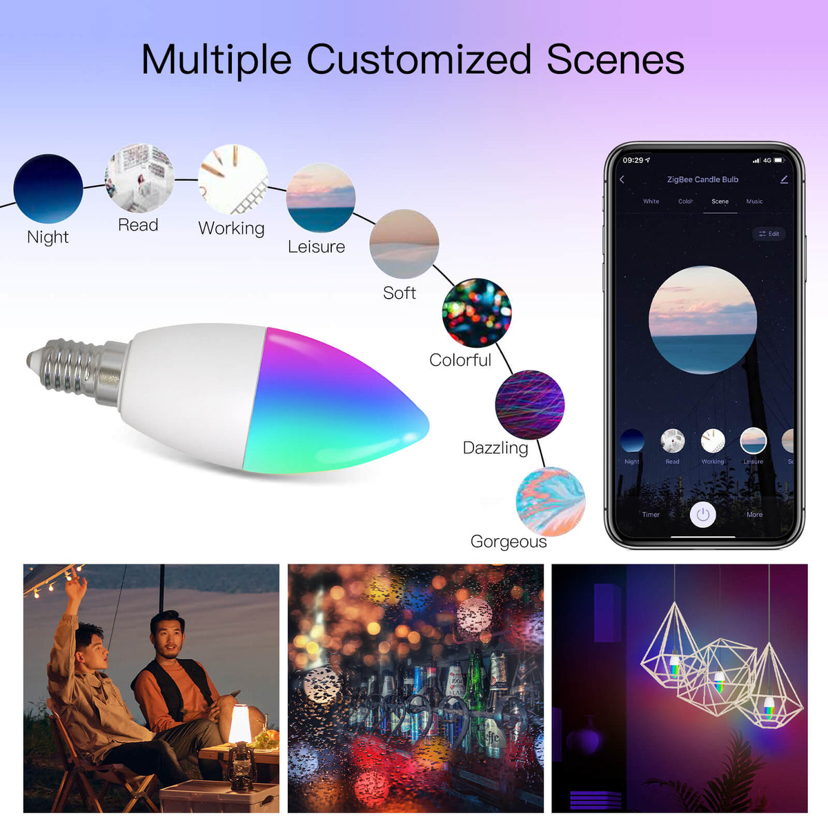 ZigBee Smart E14 Candle LED Light Candle Bulb 5W RGBCCT 2200-6500K Alexa Google Voice Control - MOES