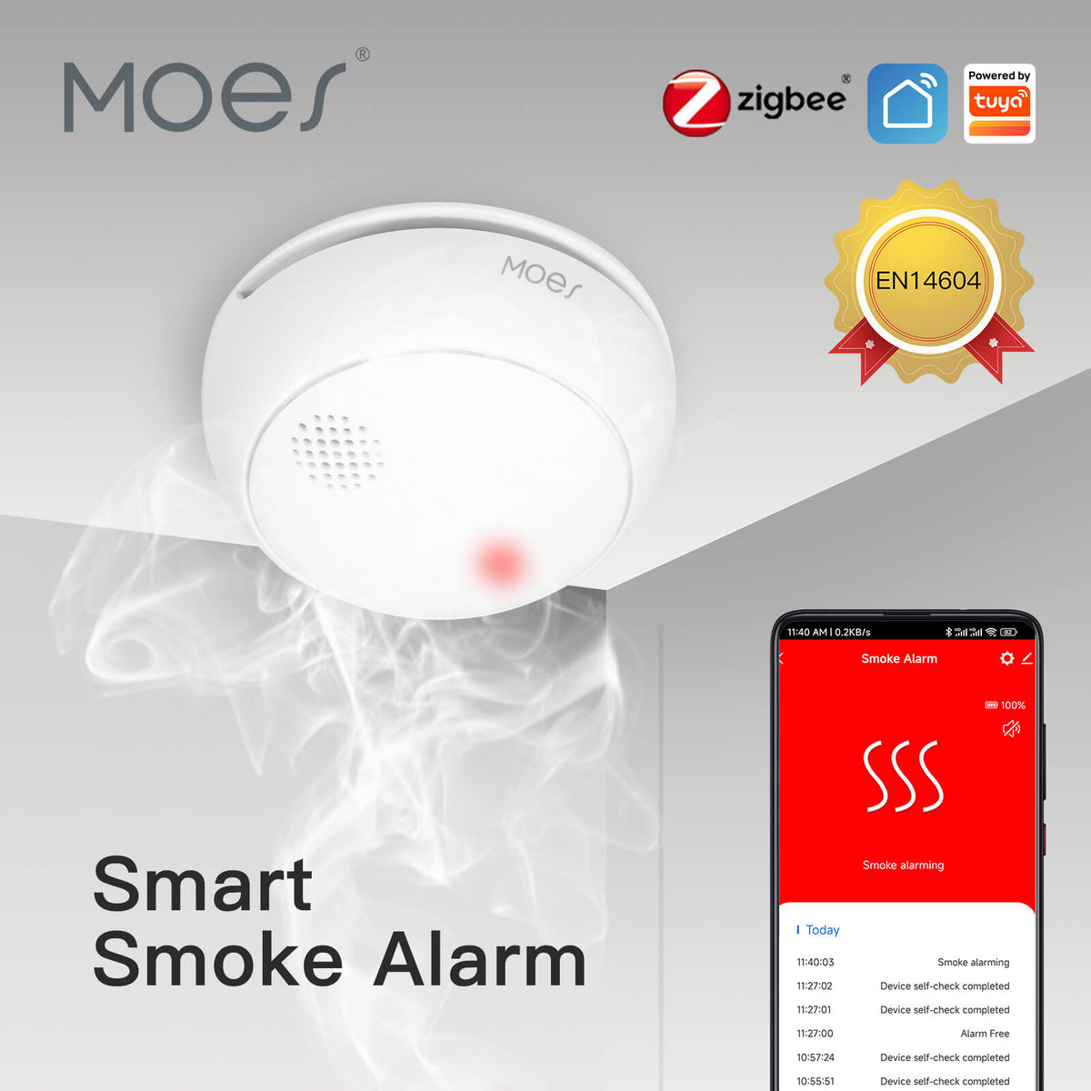 ZigBee Smart Wireless Smoke Detector Fire 85dB Sound Alarm Siren Sensor - MOES