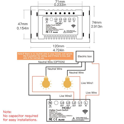 ZigBee Wall Touch Smart Light Switch With Neutral Wire/No Neutral Wire,No Capacitor Needed Smart Life/Tuya 2/3 Way Muilti-Control Association Hub Required 1 Gang White - Moes